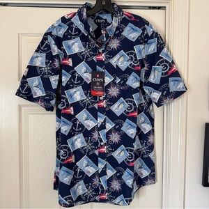 NWT Chaps Mens Size L Hawaiian Shirt Postage Stamps Cruise SailBoat SHORT SLEEVE